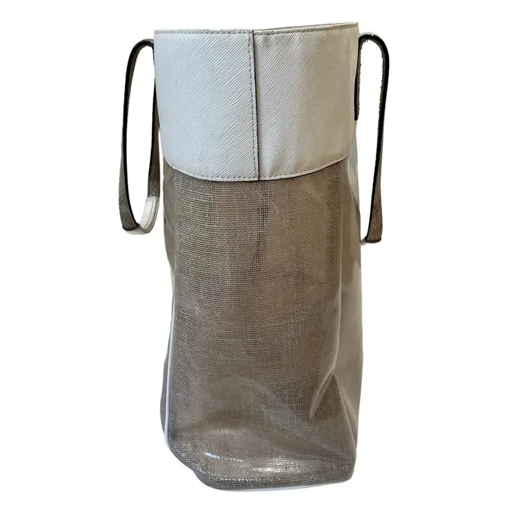 Coach Translucent Vinyl Burlap And White Leather Tote With Coin Purse